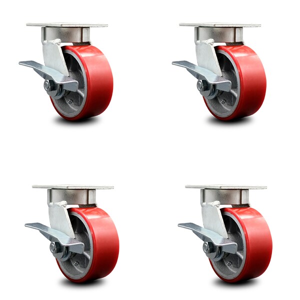 Service Caster 5 Inch Kingpinless Red Poly on Steel Wheel Swivel Caster Set with Brakes SCC SCC-KP30S520-PUR-RS-SLB-4 - main